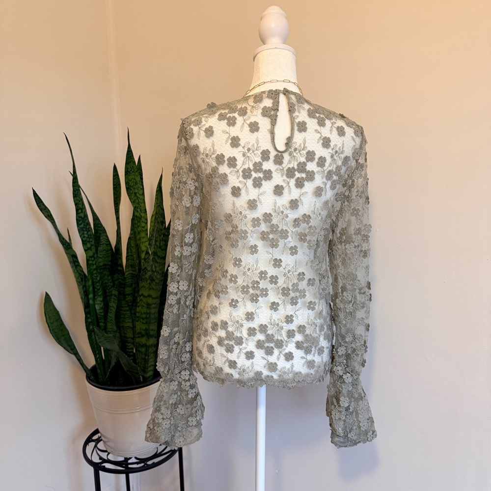 H&M | Sheer Floral Lace Sage Green Blouse - Picture 2 of 9